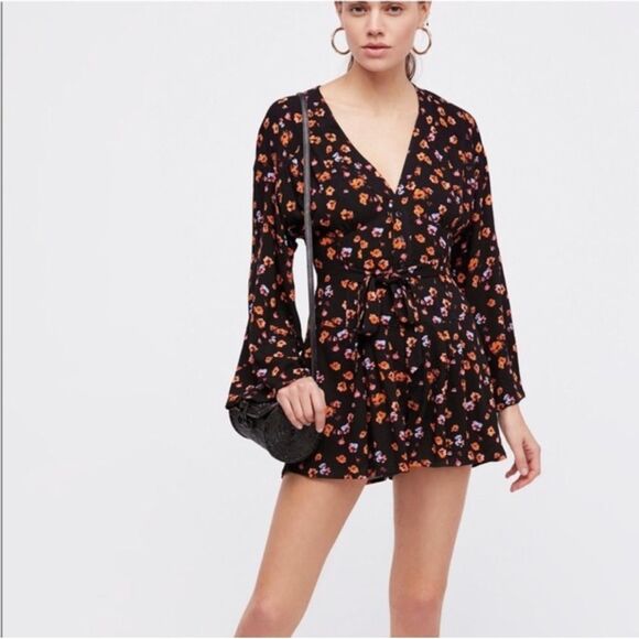Free People L’amour Floral Printed Black Combo Romper Size 2 - Picture 1 of 6